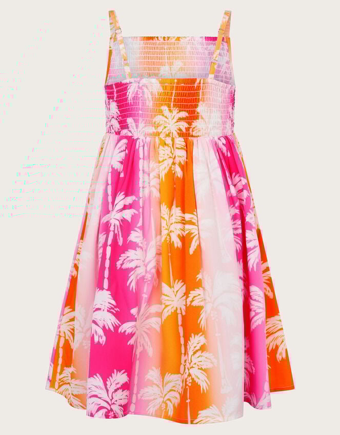 Sunset Ombre Palm Print Shirred Dress, Pink (PINK), large