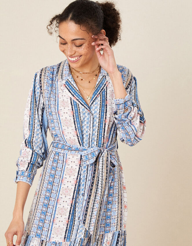 Patch Print Stripe Shirt Dress, Blue (BLUE), large