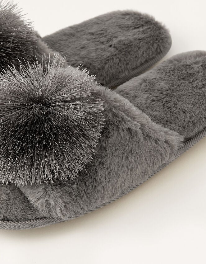 Faux Fur Pom-Pom Slippers, Grey (CHARCOAL), large