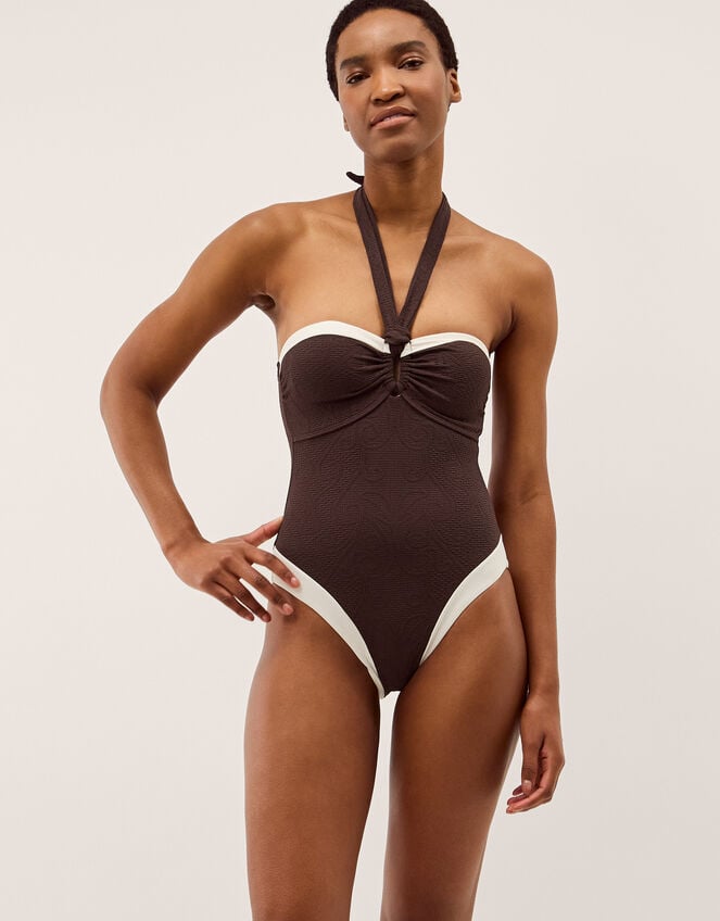 Saylor Halter Neck Two Tone Swimsuit, Brown (BROWN), large