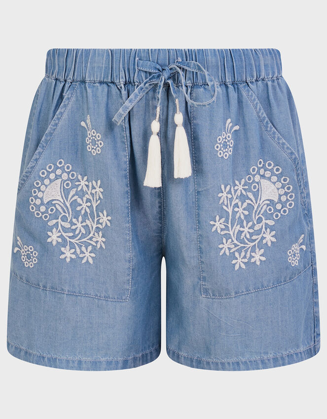 Embroidered Denim Shorts, Blue (DENIM BLUE), large