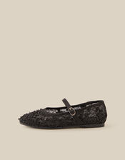 Flower Sparkle Mesh Ballet Flats, Black (BLACK), large