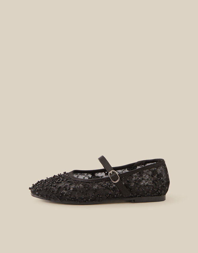 Flower Sparkle Mesh Ballet Flats, Black (BLACK), large