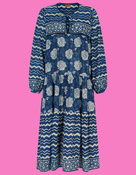 La Galeria Elefante Donna Woodblock Printed Dress Blue, Blue (INDIGO), large