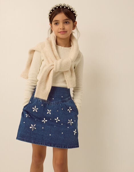Jewel Flower Denim Skirt, Blue (BLUE), large