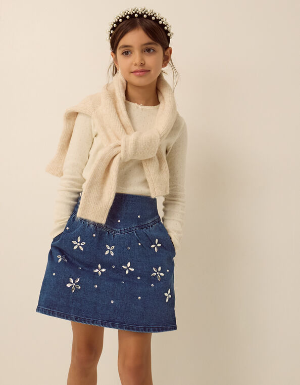 Jewel Flower Denim Skirt, Blue (BLUE), large