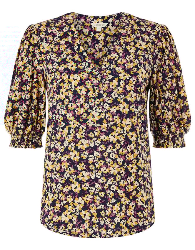 Missie Floral Short Sleeve Top, Blue (NAVY), large
