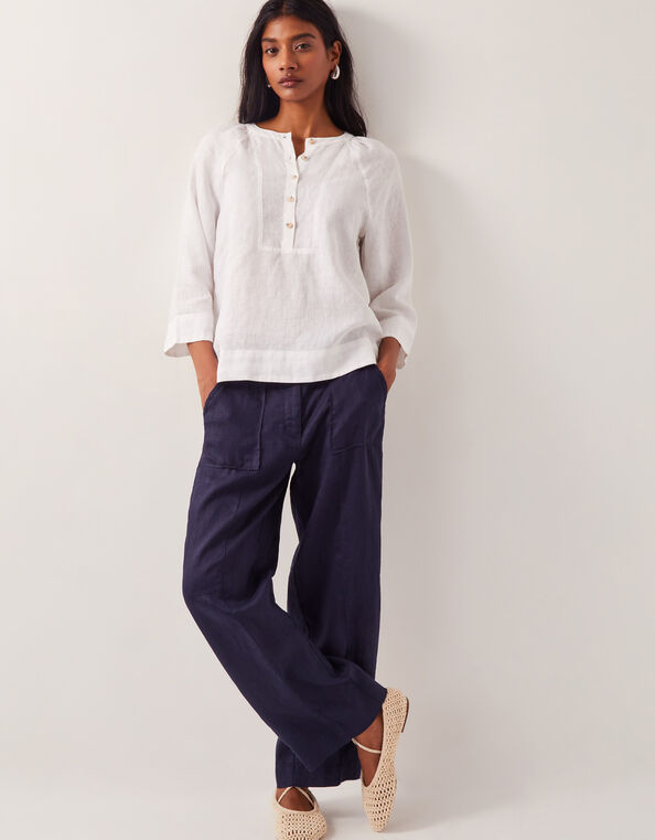 Jolie Short Wide Leg Linen Trousers, Blue (NAVY), large