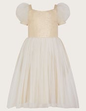 Land of Wonder Puff Sleeve Princess Steeple Dress, Natural (CHAMPAGNE), large