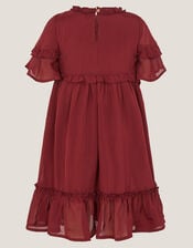Frilly Smocked Satin Dress, Red (BURGUNDY), large