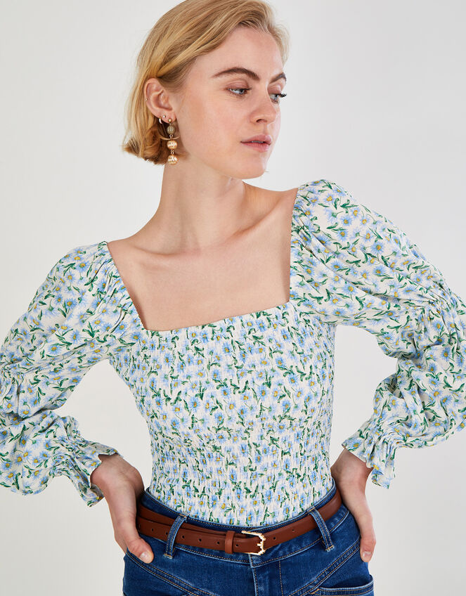 Ditsy Shirred Top in Recycled Polyester, Blue (BLUE), large