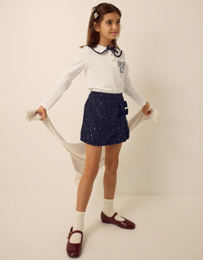 Bow Long Sleeve Top & Skort Set, Blue (NAVY), large