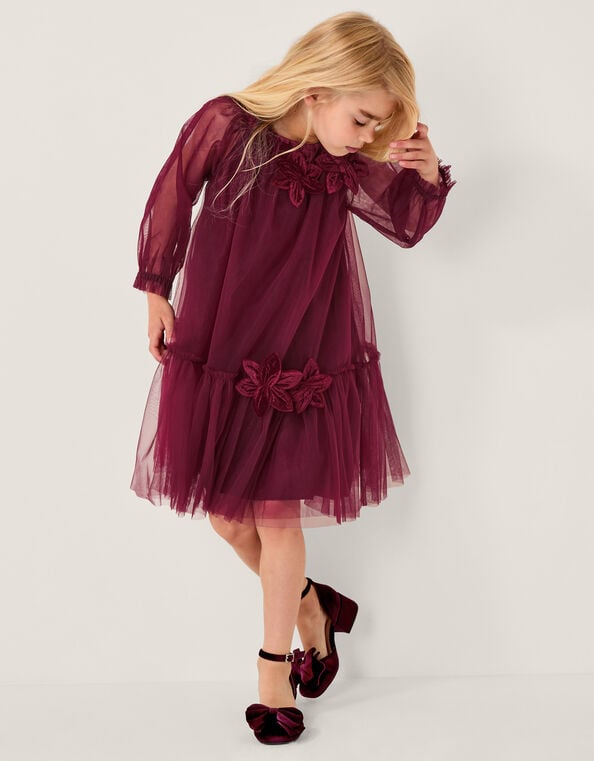 Naina Tulle Floral Corsage Swing Dress, Red (CHERRY), large