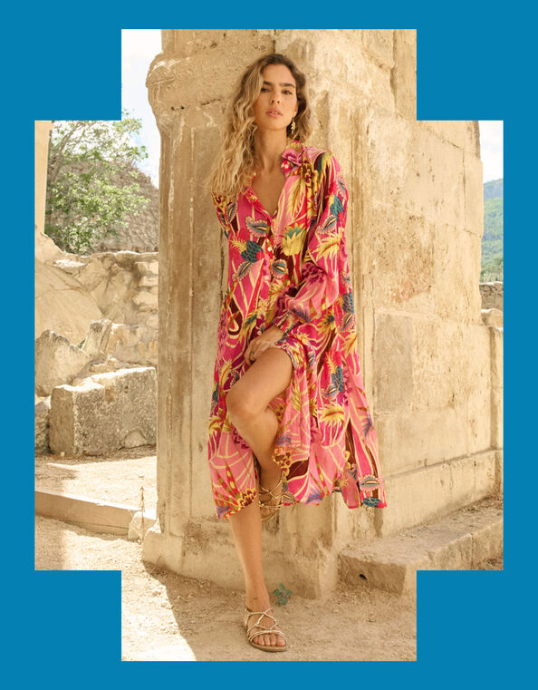 Piti Cuiti Floral Print Shirt Dress, Pink (PINK), large