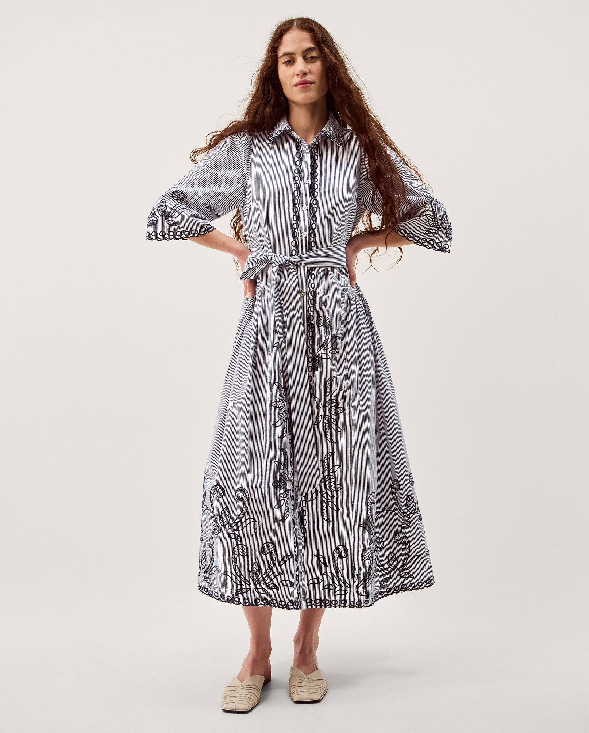 Kirsty Embroidered Stripe Midi Shirt Dress Blue | Day Dresses