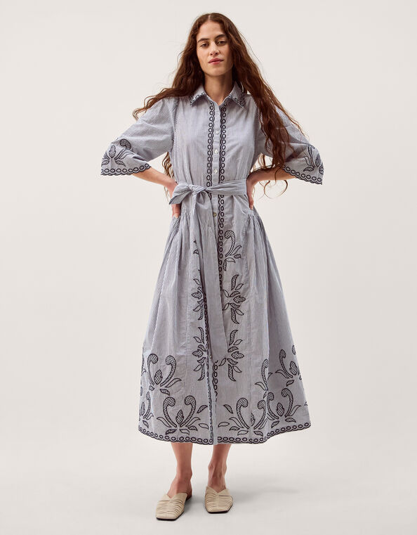 Kirsty Embroidered Stripe Midi Shirt Dress, Blue (NAVY), large