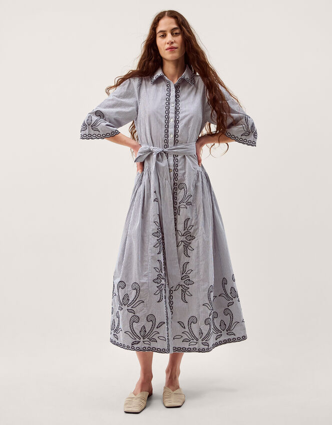 Kirsty Embroidered Stripe Midi Shirt Dress, Blue (NAVY), large