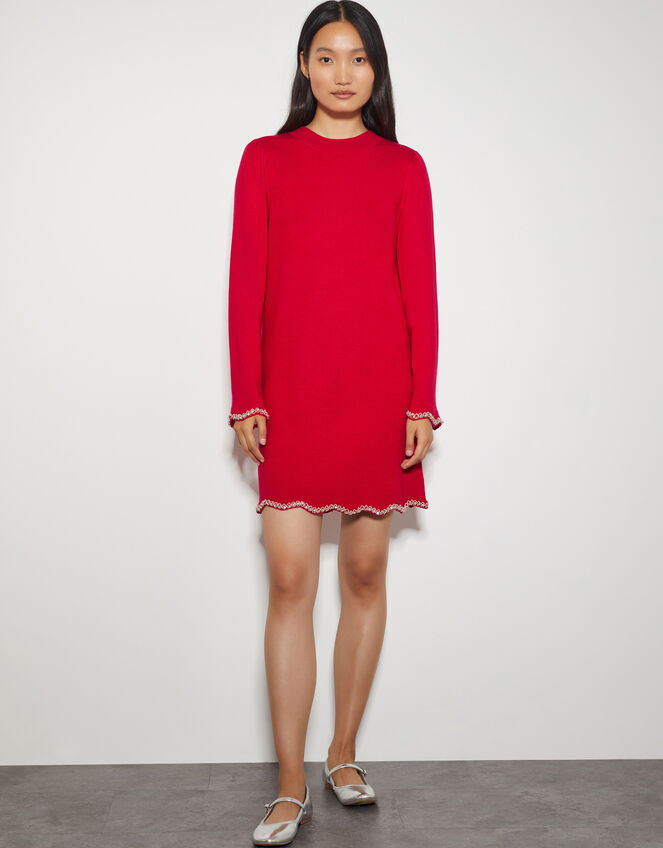 Tia Beaded Mini Jumper Dress, Red (RED), large