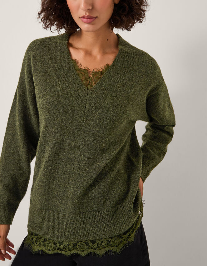 Leanne Lace V-Neck Jumper, Green (KHAKI), large