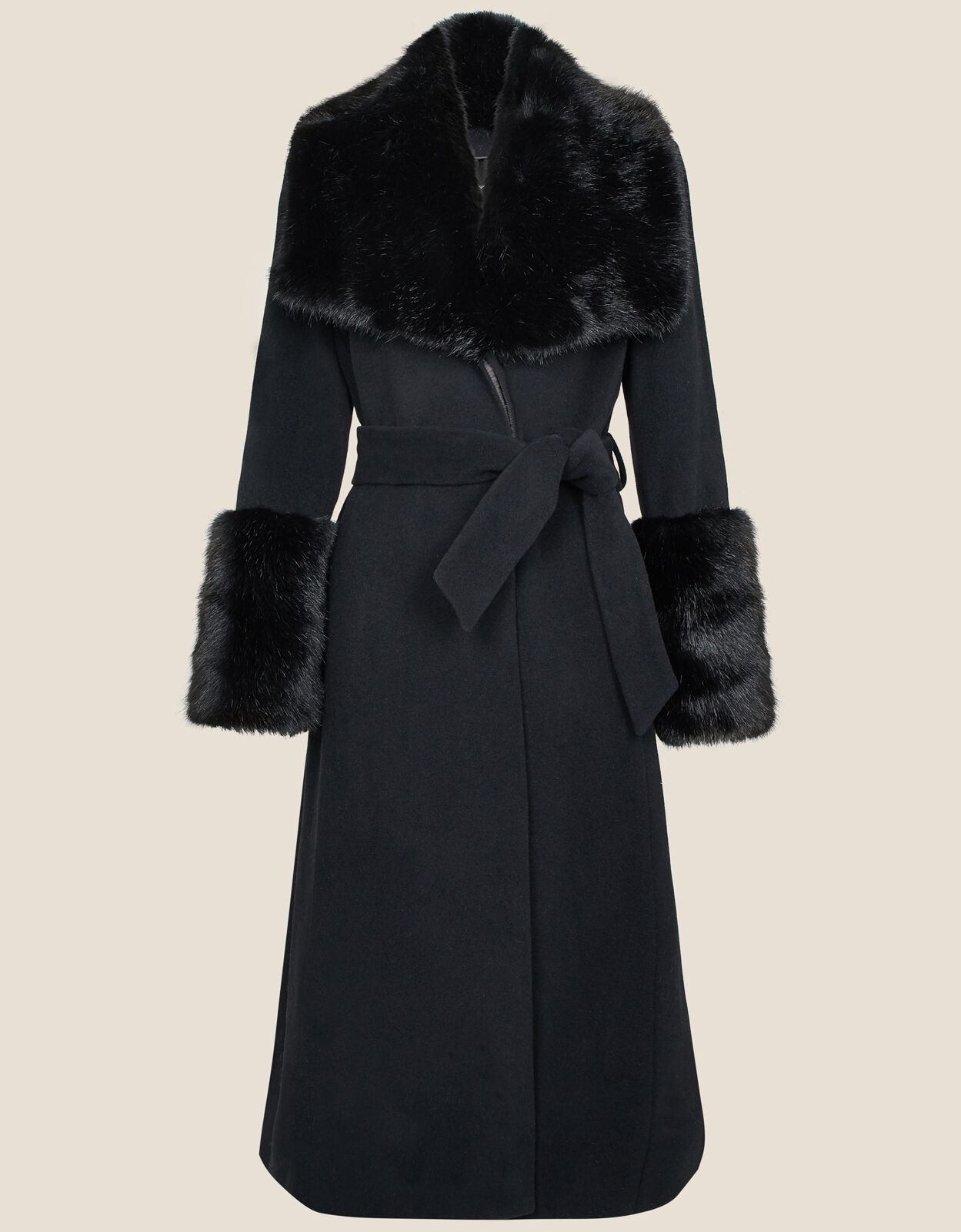 Sadie Faux Fur Trim Wrap Coat Black