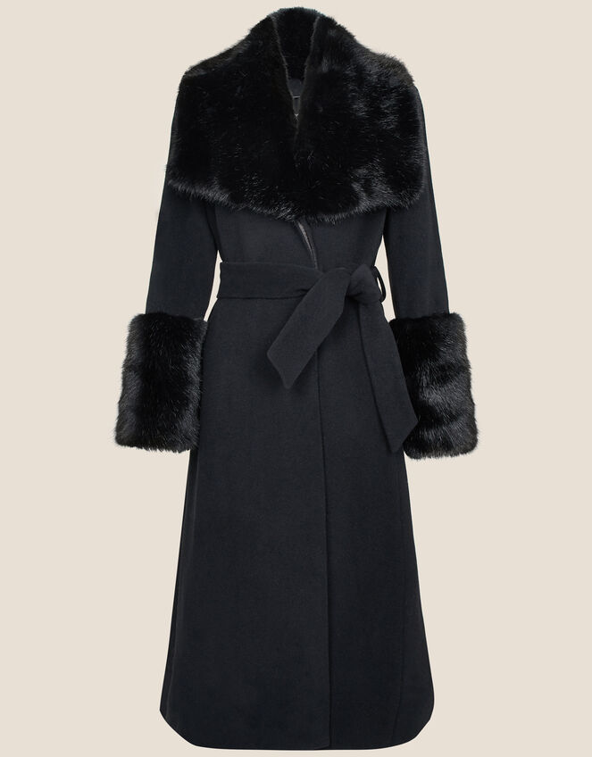 Sadie Faux Fur Trim Wrap Coat, Black (BLACK), large