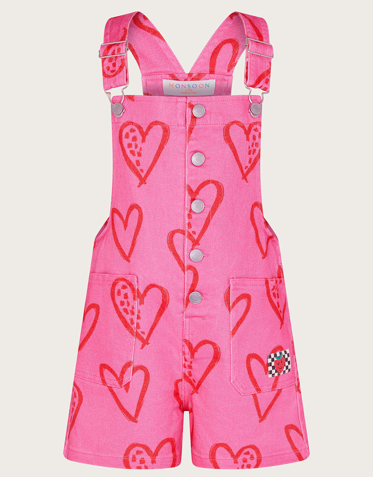 Heart Print Denim Dungarees Pink Girls Jumpsuits Playsuits