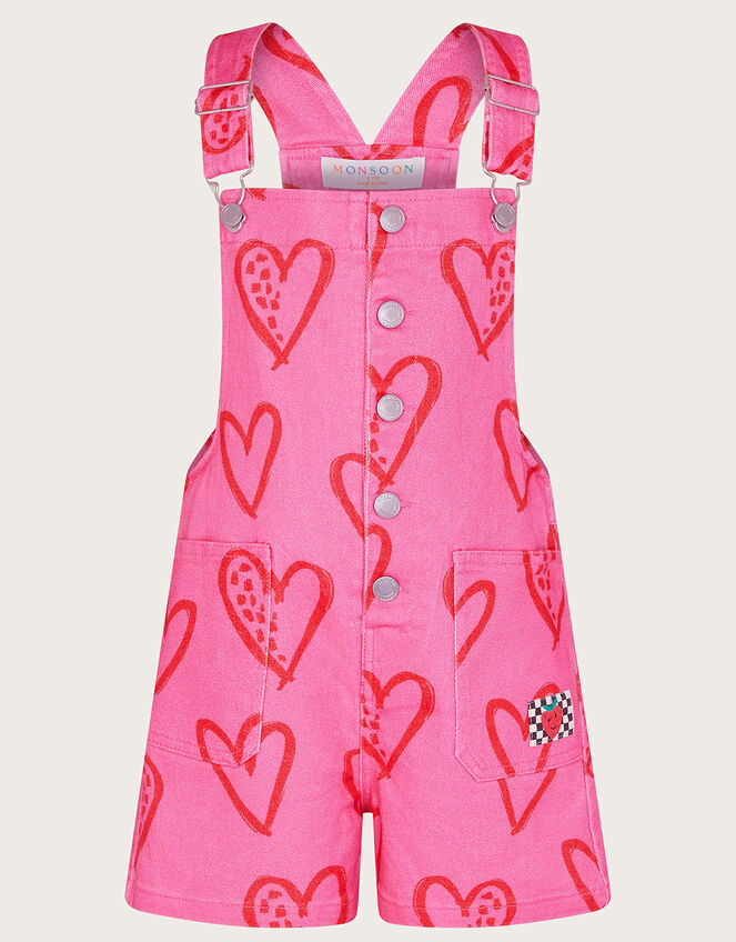 Heart Print Denim Short Dungarees, Pink (PINK), large