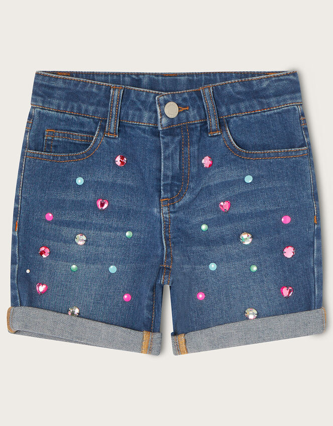 Embellished Gem Denim Shorts, Blue (BLUE), large