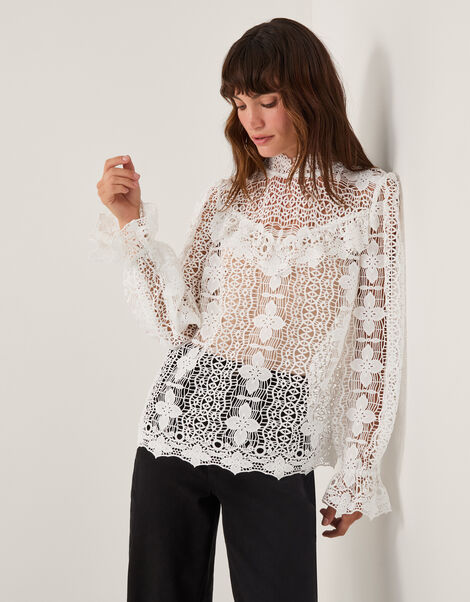 Phoebe Sheer Lace Blouse, White (WHITE), large