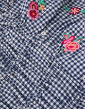 Floral Embroidered Gingham Jumpsuit, Blue (NAVY), large