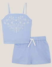 Embroidered Top and Shorts Pyjama Set, Blue (BLUE), large