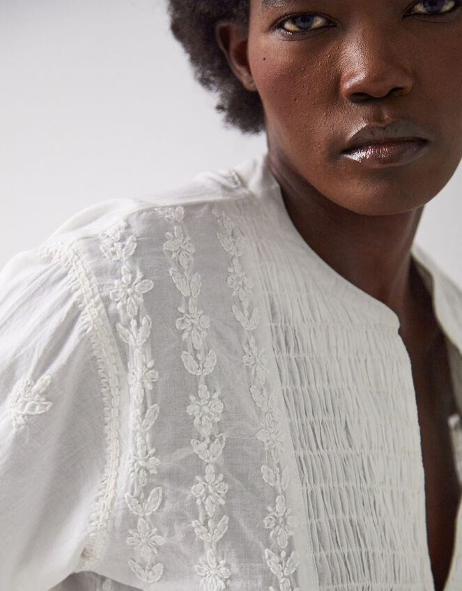 East Donnie Smocked Embroidered Top, White (WHITE), large