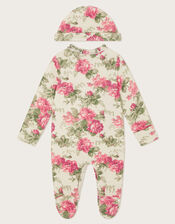 Newborn Betsy Floral Sleepsuit and Hat, Ivory (IVORY), large
