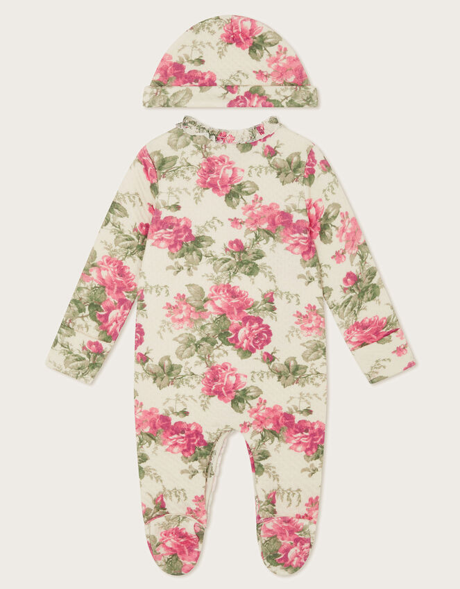 Newborn Betsy Floral Sleepsuit and Hat, Ivory (IVORY), large