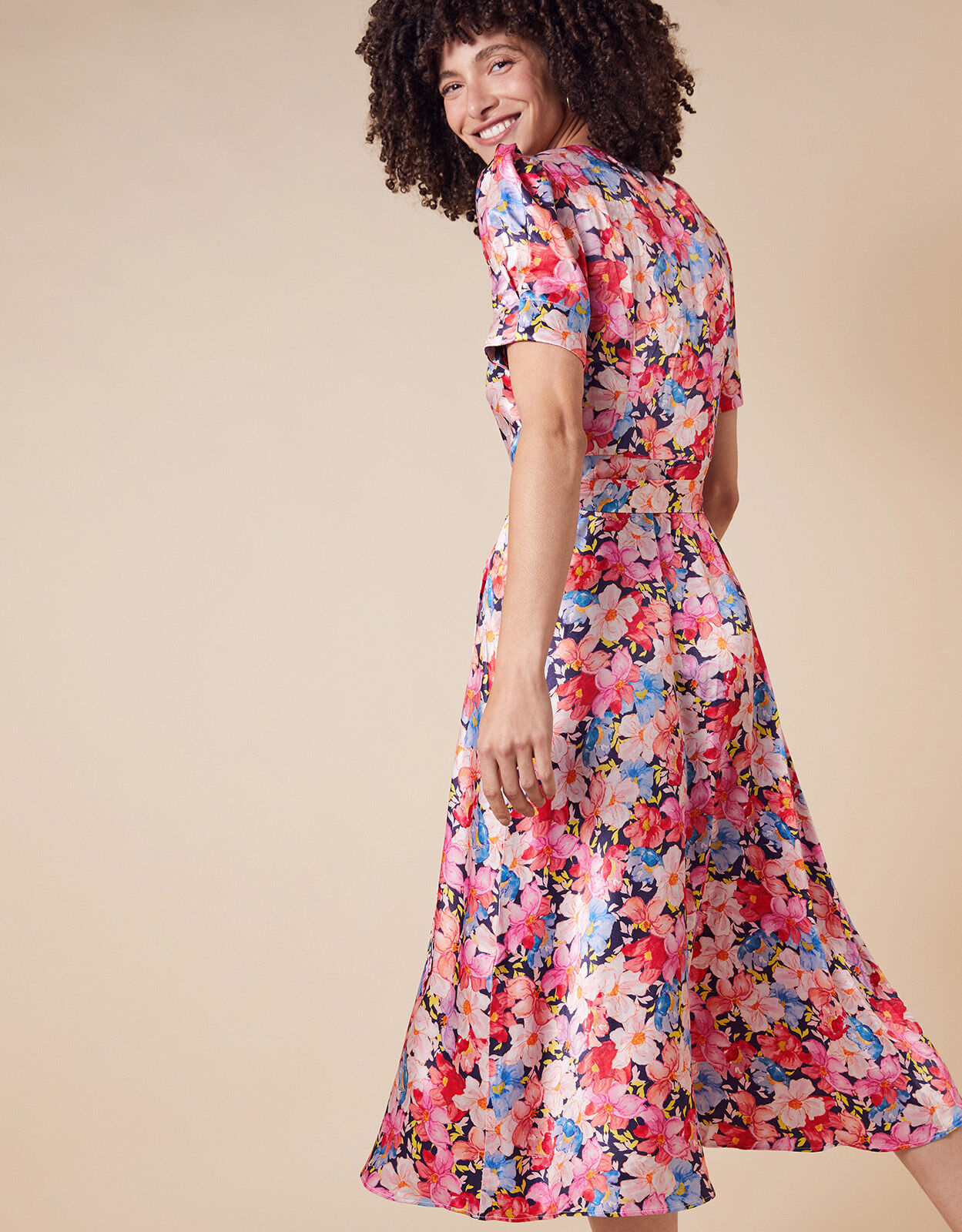 Faith Floral Print Satin Shirt Dress Blue