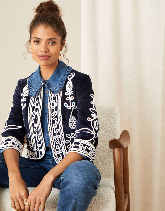 Embroidered Velvet Jacket, Blue (NAVY), large