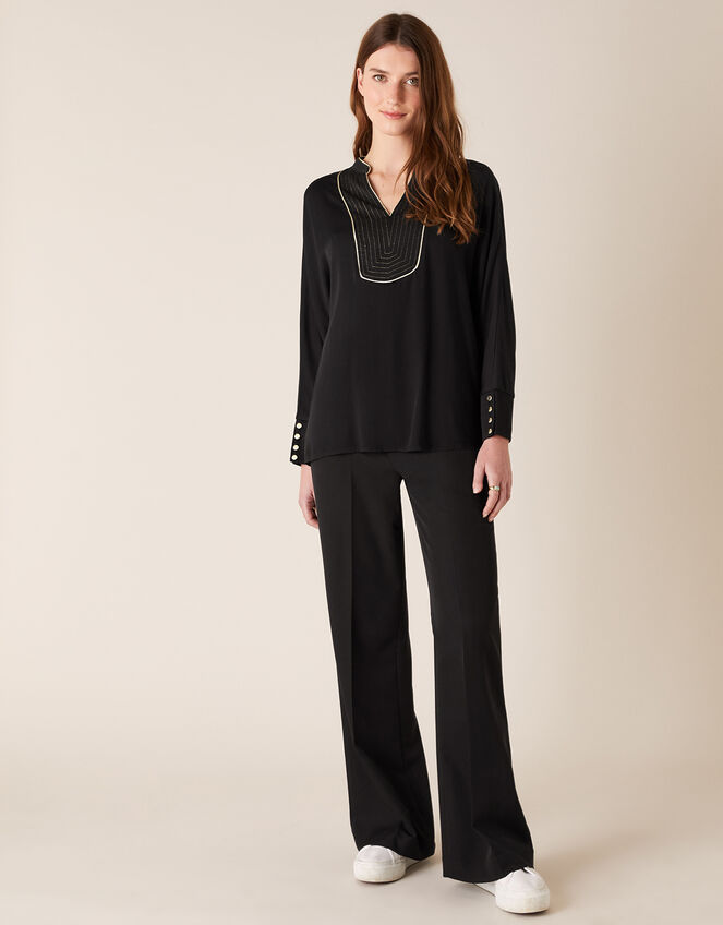 Metallic Bib Long Sleeve Top with LENZING™ ECOVERO™, Black (BLACK), large