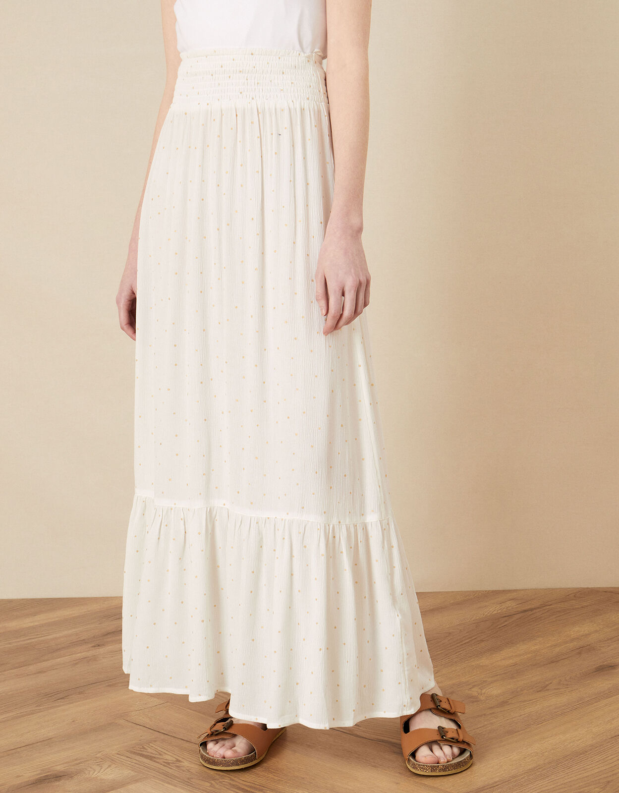 Tiered Foil Print Maxi Skirt White 