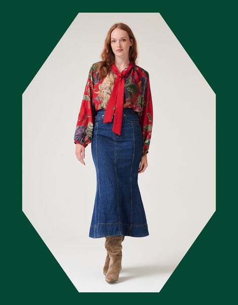 One Hundred Stars Primula Pussybow Blouse, Red (BERRY), large