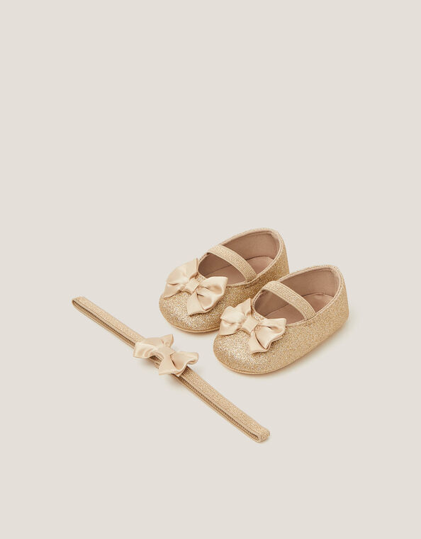 Baby Bow Glitter Booties & Headband Set, Gold (GOLD), large