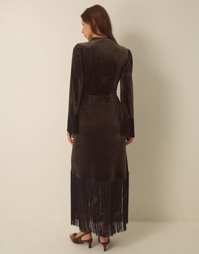 Tegan Long Sleeve Fringe Velvet Maxi Dress, Brown (CHOCOLATE), large