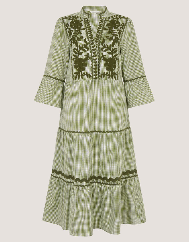 Gaia Embroidered Gingham Midi Dress, Green (GREEN), large