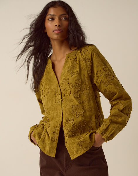 Luci Floral Embroidered Shirt, Green (KHAKI), large
