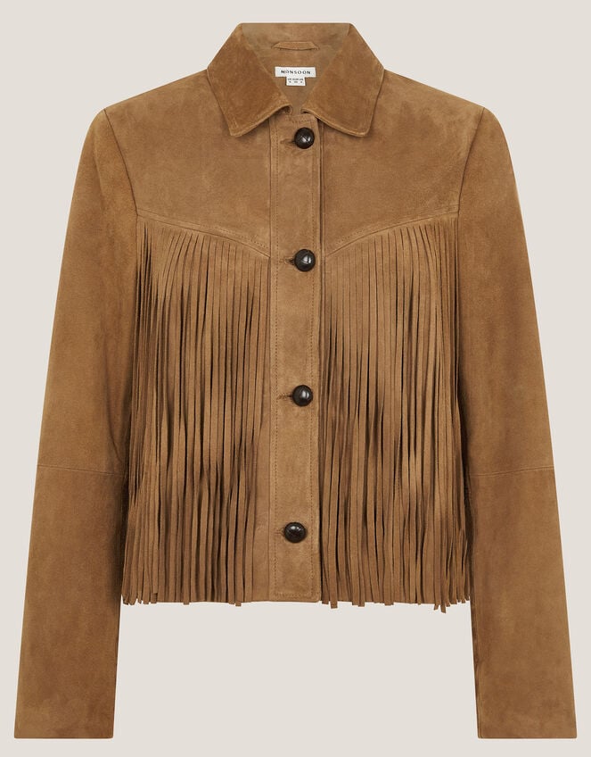 Lily Fringe Suede Jacket, Tan (TAN), large