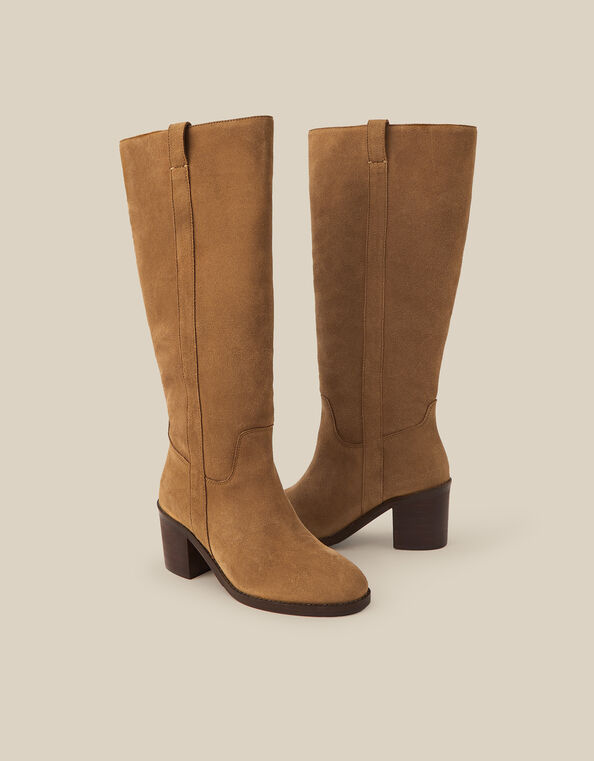 Isla Suede Knee High Heeled Boots, Tan (TAN), large