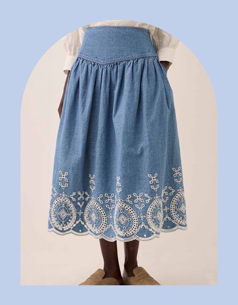 East Coralie Broderie Denim Midi Skirt, Blue (BLUE), large