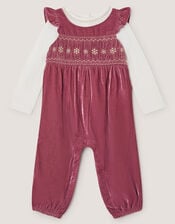 Baby Top & Smocked Velvet Dungarees Set, Pink (PINK), large
