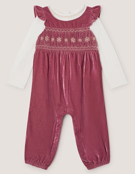 Baby Top & Smocked Velvet Dungarees Set, Pink (PINK), large