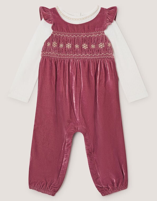Baby Top & Smocked Velvet Dungarees Set, Pink (PINK), large