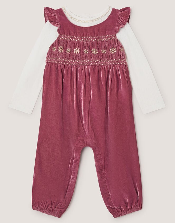 Baby Top & Smocked Velvet Dungarees Set, Pink (PINK), large